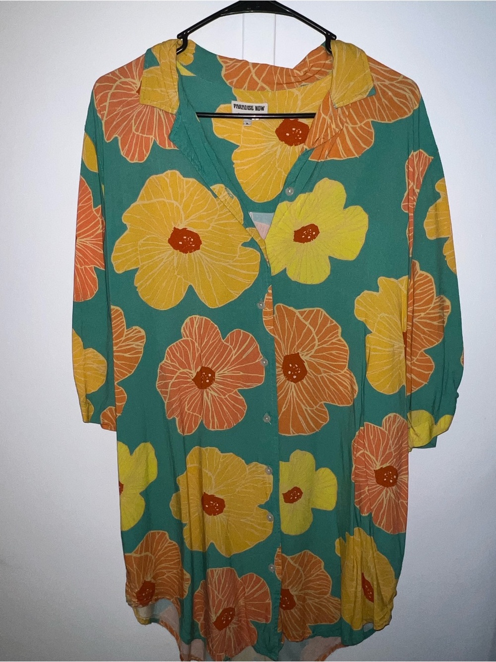 Retro Hau Button-Front Shift Dress in Teal with Yellow & Orange Hau